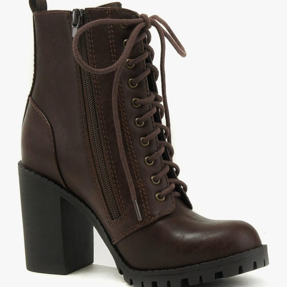 Soda Malia Round Toe Stacked Lug Heel Lace Up Ankle Booties